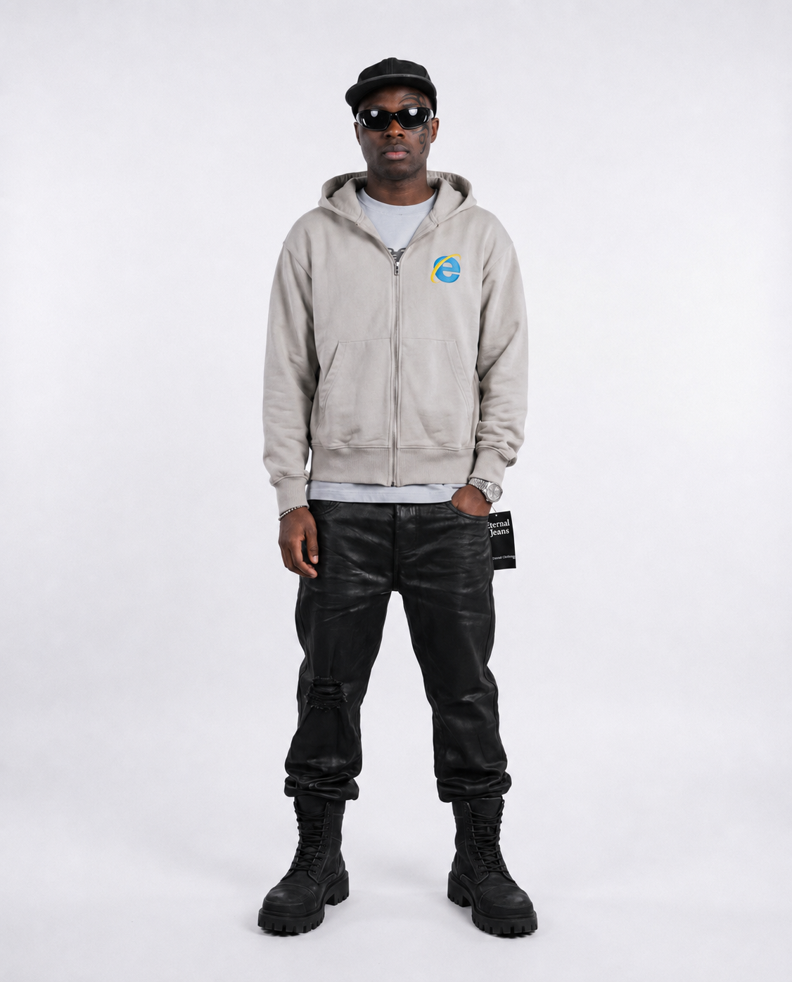 Eternal internet money hoodie grey zip cotton model shot , Front view