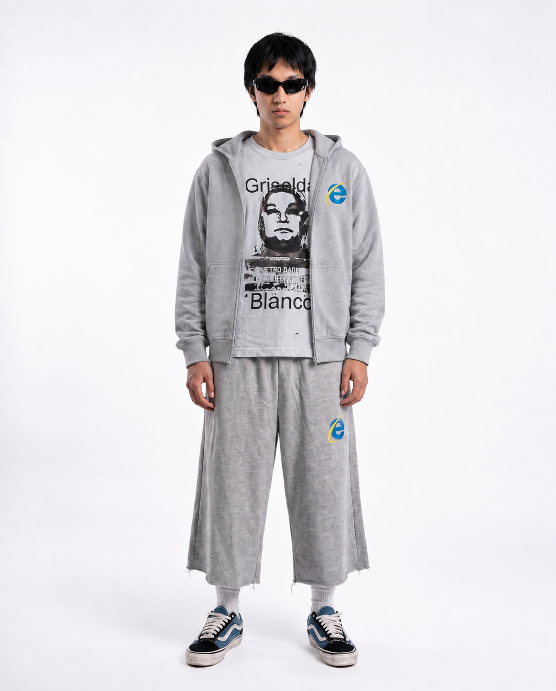 Eternal internet money shorts grey cotton long shorts model shot, Front view