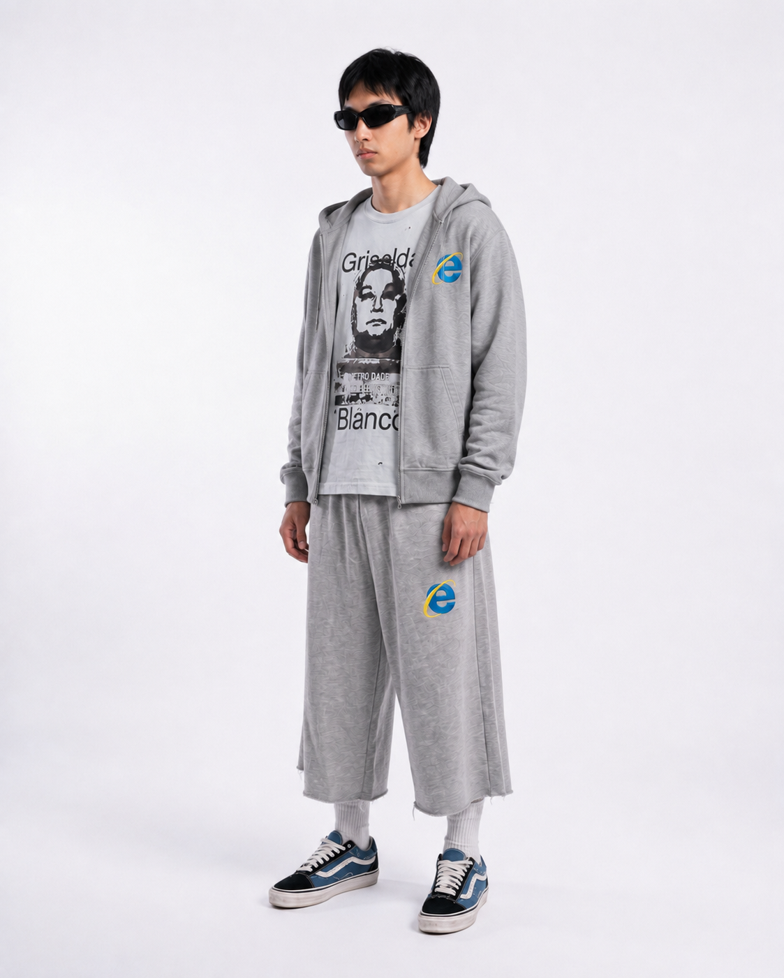 Eternal internet money shorts grey cotton long shorts model shot, side view
