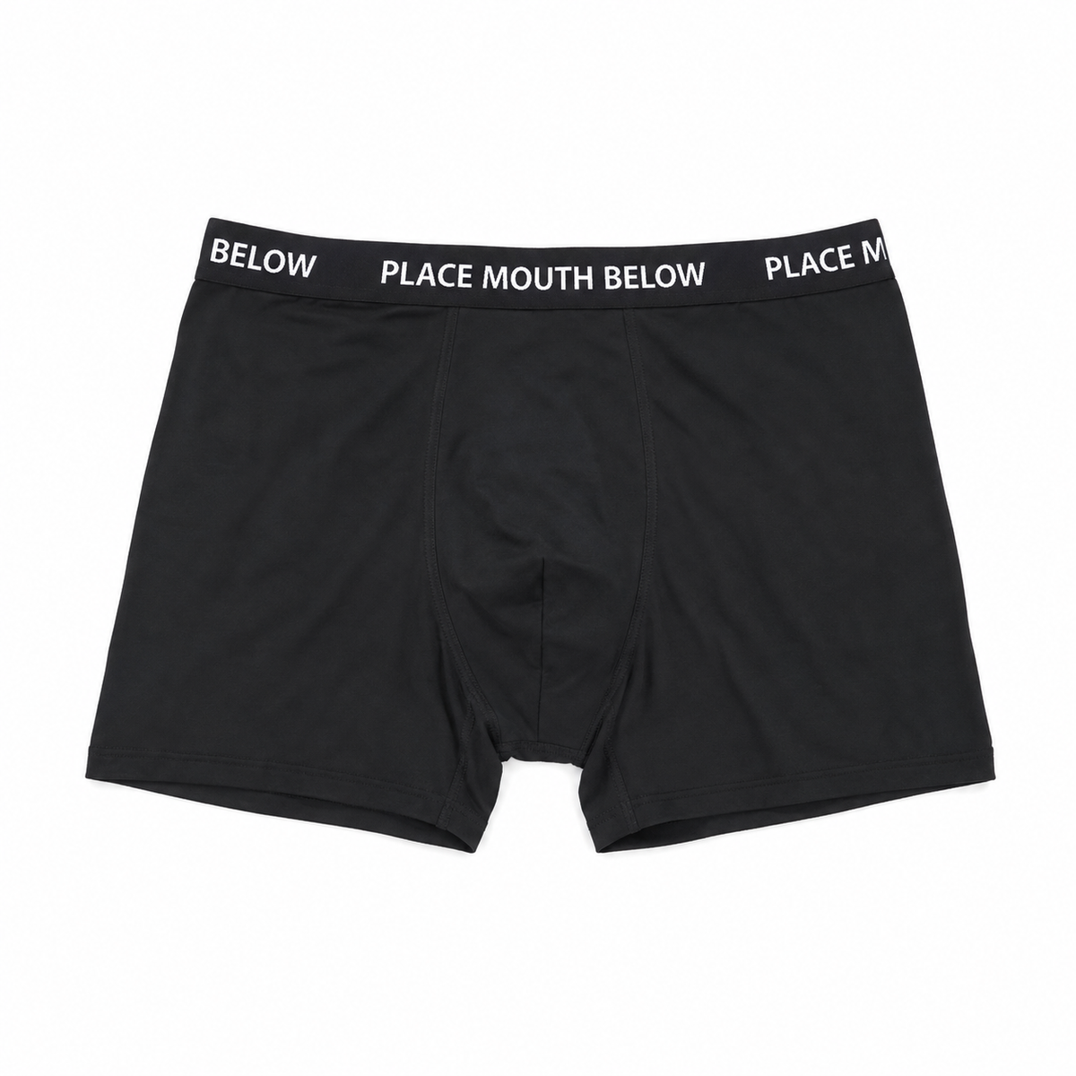 Eternal Black boxer briefs with a black elastic waistband featuring white text that reads 'BELOW PLACE MOUTH BELOW PLACE , Front veiw

