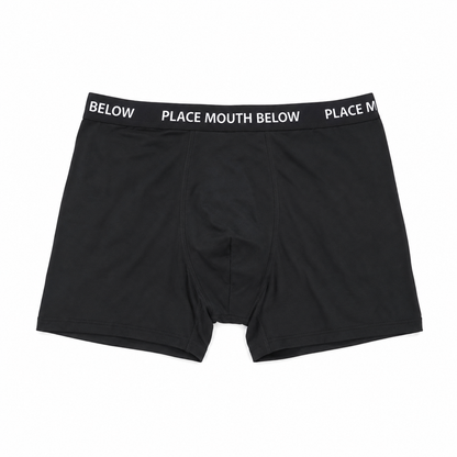Eternal Black boxer briefs with a black elastic waistband featuring white text that reads 'BELOW PLACE MOUTH BELOW PLACE , Front veiw


