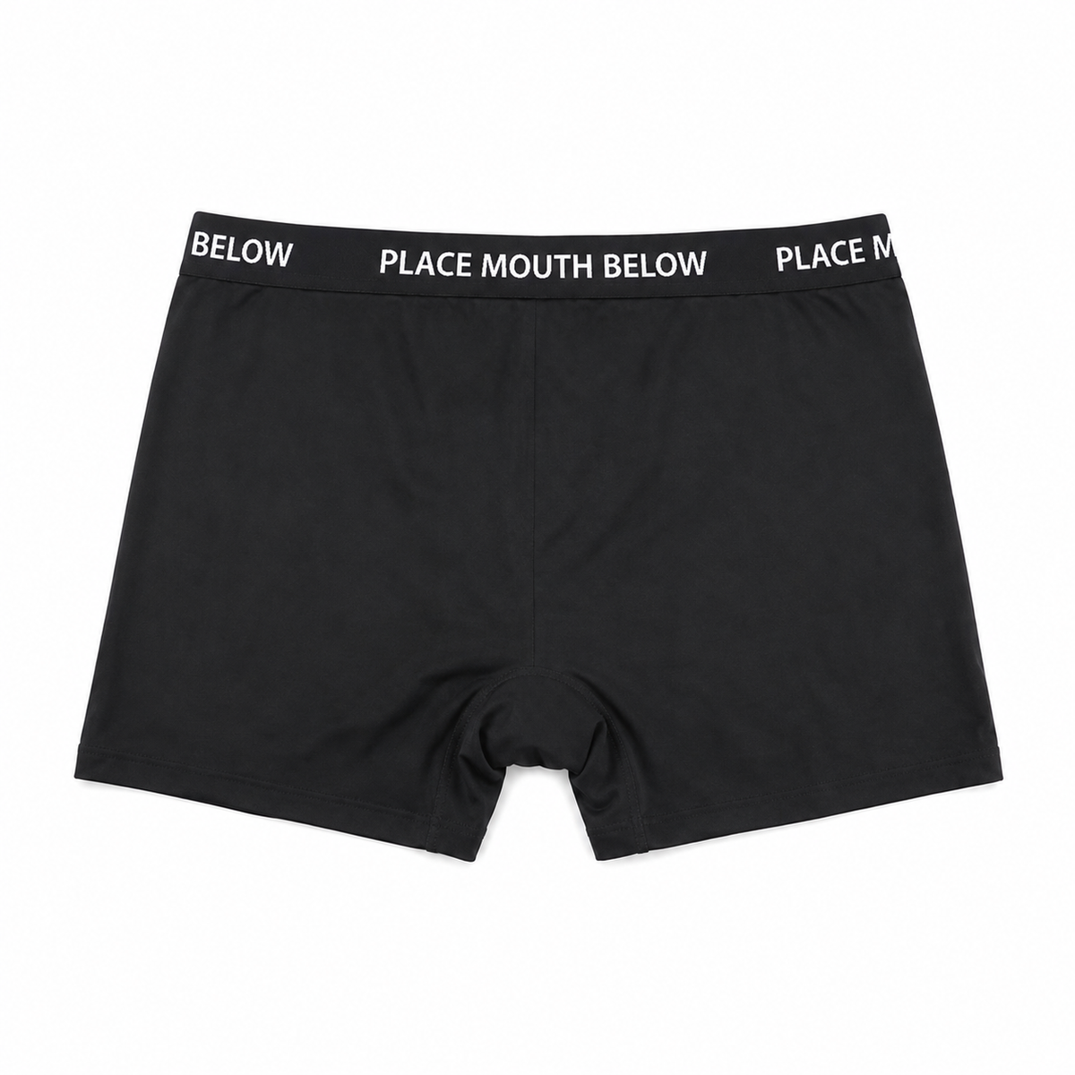 Eternal Black boxer briefs with a black elastic waistband featuring white text that reads 'BELOW PLACE MOUTH BELOW PLACE, Back view

