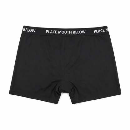 Eternal Black boxer briefs with a black elastic waistband featuring white text that reads 'BELOW PLACE MOUTH BELOW PLACE, Back view

